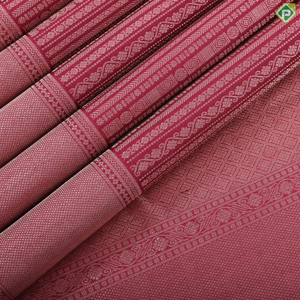 Magenta Pink silver gold Zari self designed Stripes self rettapet bavanji border trendy silk saree