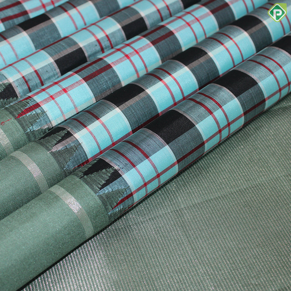 Aqua Blue With Multi Colour Checks Design Cardamom Green Border Traditional Silk Saree