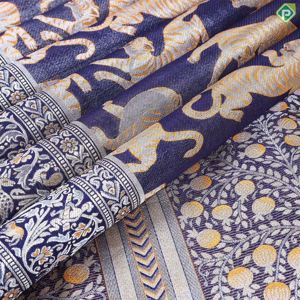 Indigo Blue With Grey And Tiger Orange Tiger Butta Design Self Colour Pythonic Border Exclusive Bridal Silk Saree