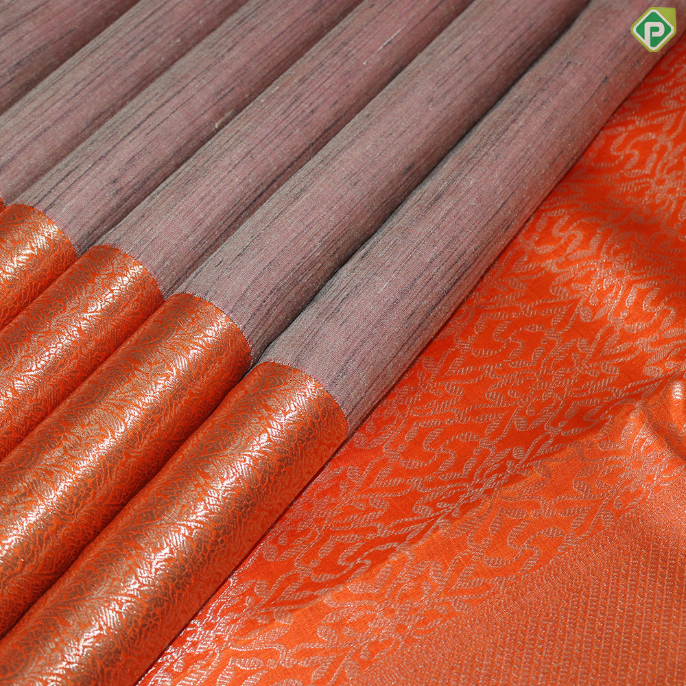 Peach Pink With Thread Lines And Fanta Orange Gold Zari Border Trendy Silks Saree