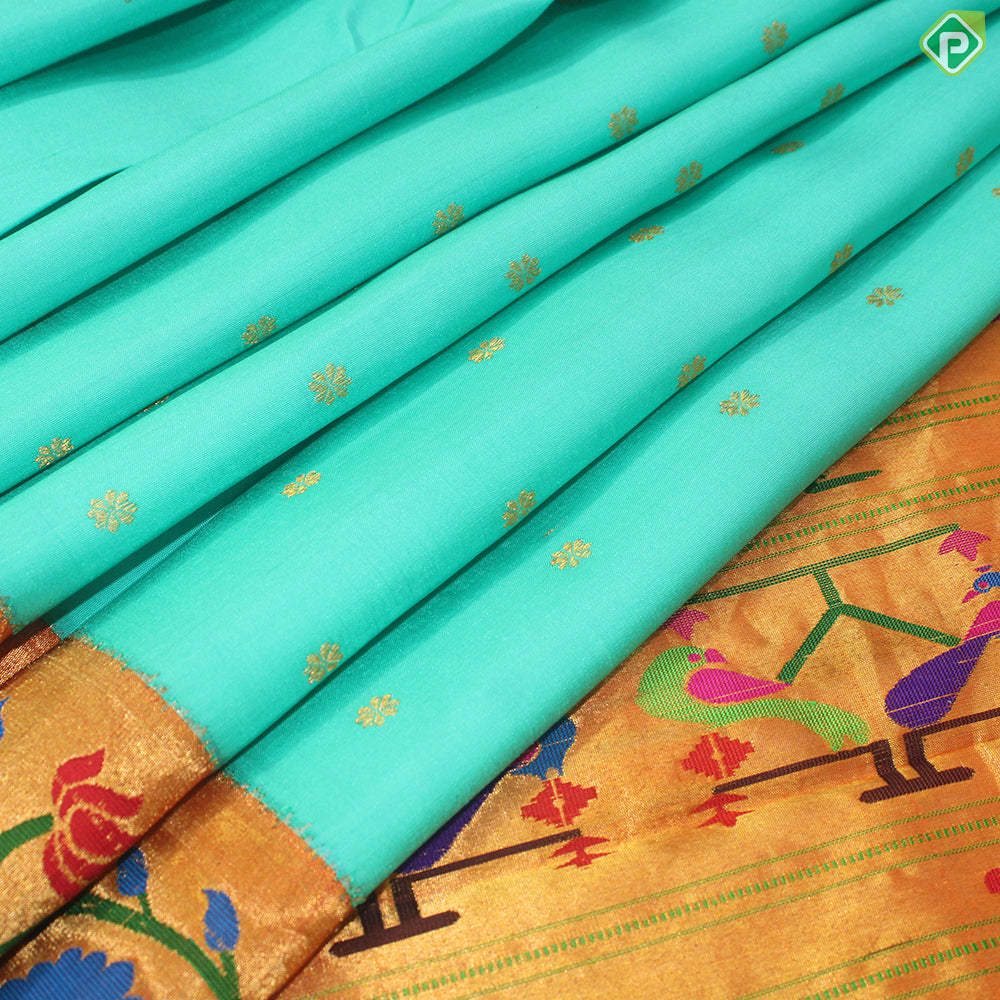 Rexona Green Thousand Butta Contrast Orange Meena Work Border Gadwal Silk Saree