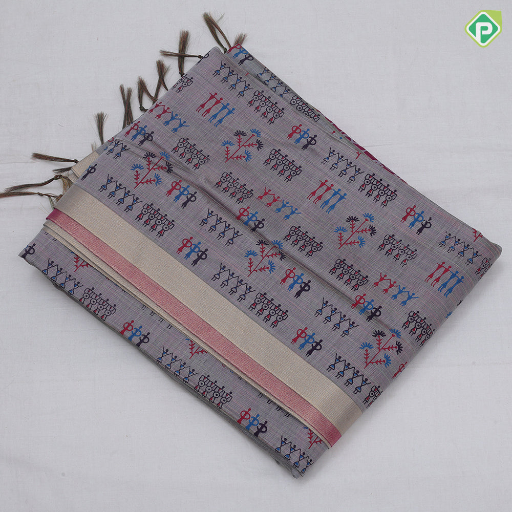 Peach Pink Printed Design Plan Tissue Type Border Design Fancy Cotton Saree