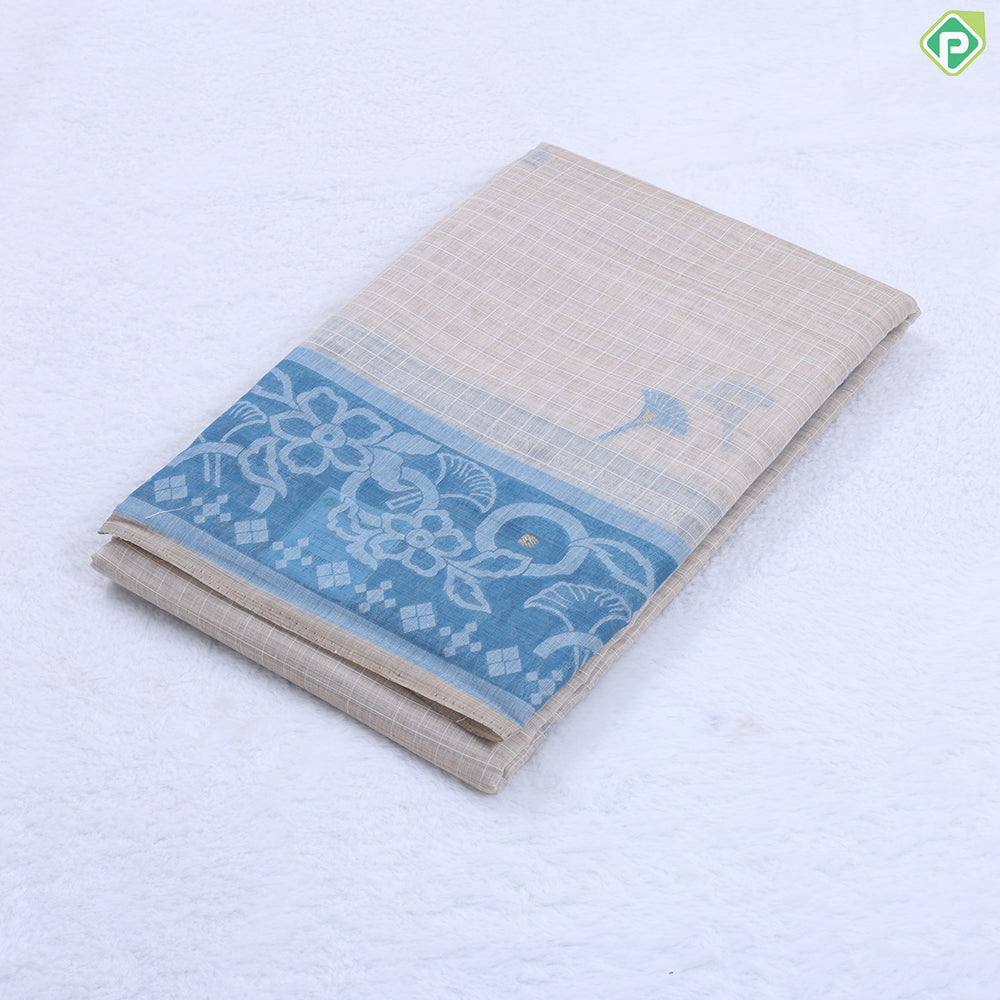 wood beige cream checked flower design contrast pink cream modern art border fancy cotton saree