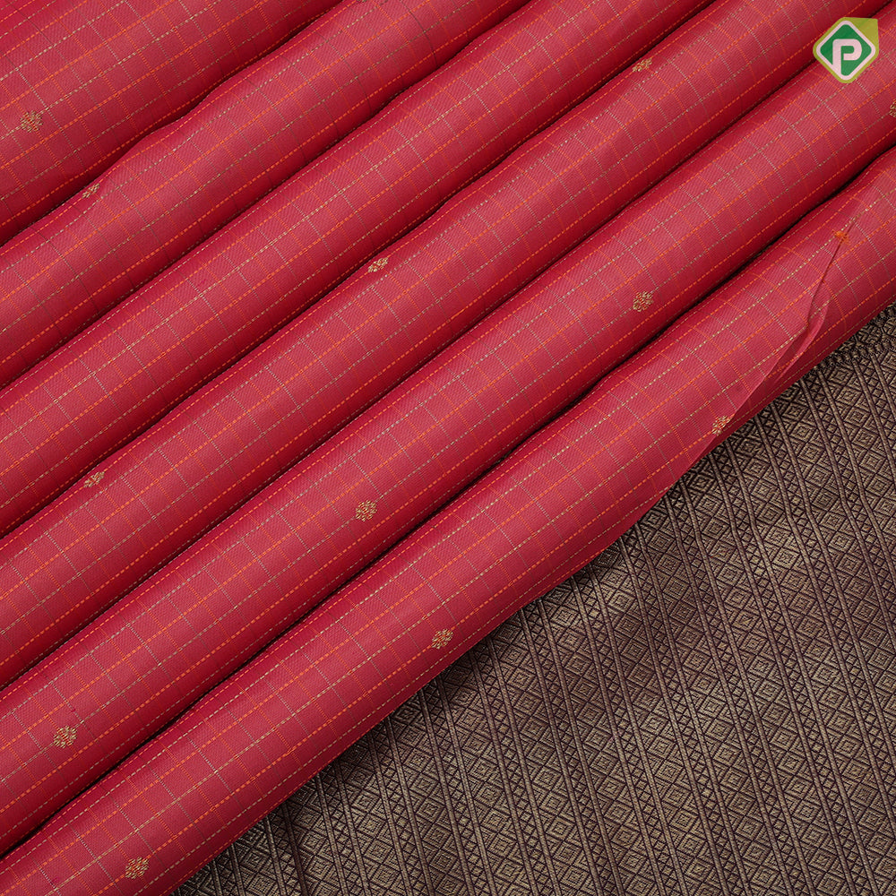 peach pink gold zari and silk thread checks self gold zari peacock butta lines diamond border traditional silk saree