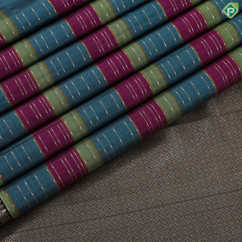 Tri color gold zari vairaoosi lines contrast luxury black gold zari double peacock arch border traditional silk saree