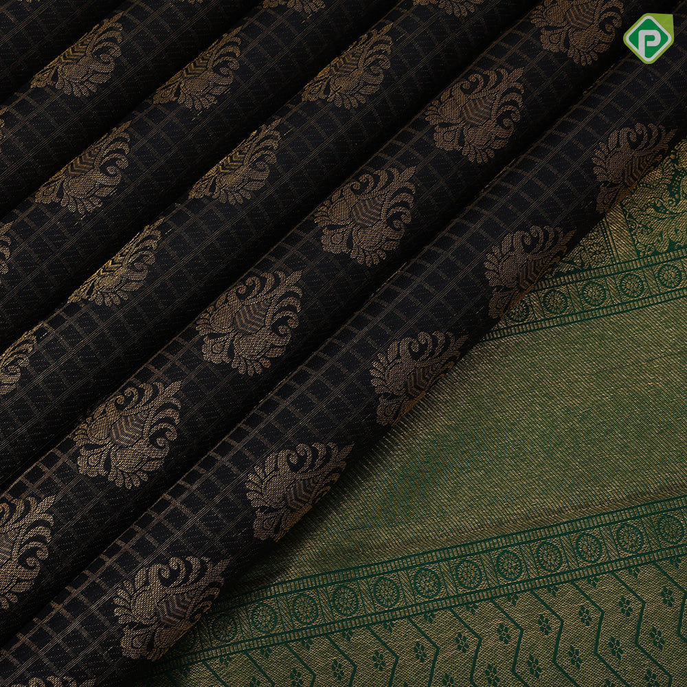 Black Colour Gold Zari Small Checked Thilagam Butta Design Green Colour Peacock Chagaram Border Design Luxury Black Silk Saree