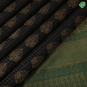 Black Colour Gold Zari Small Checked Thilagam Butta Design Green Colour Peacock Chagaram Border Design Luxury Black Silk Saree