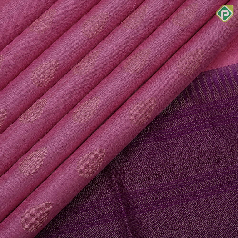 Baby pink gold zari fancy leaf butta motifs purple plain border contrast grand pallu soft silk saree