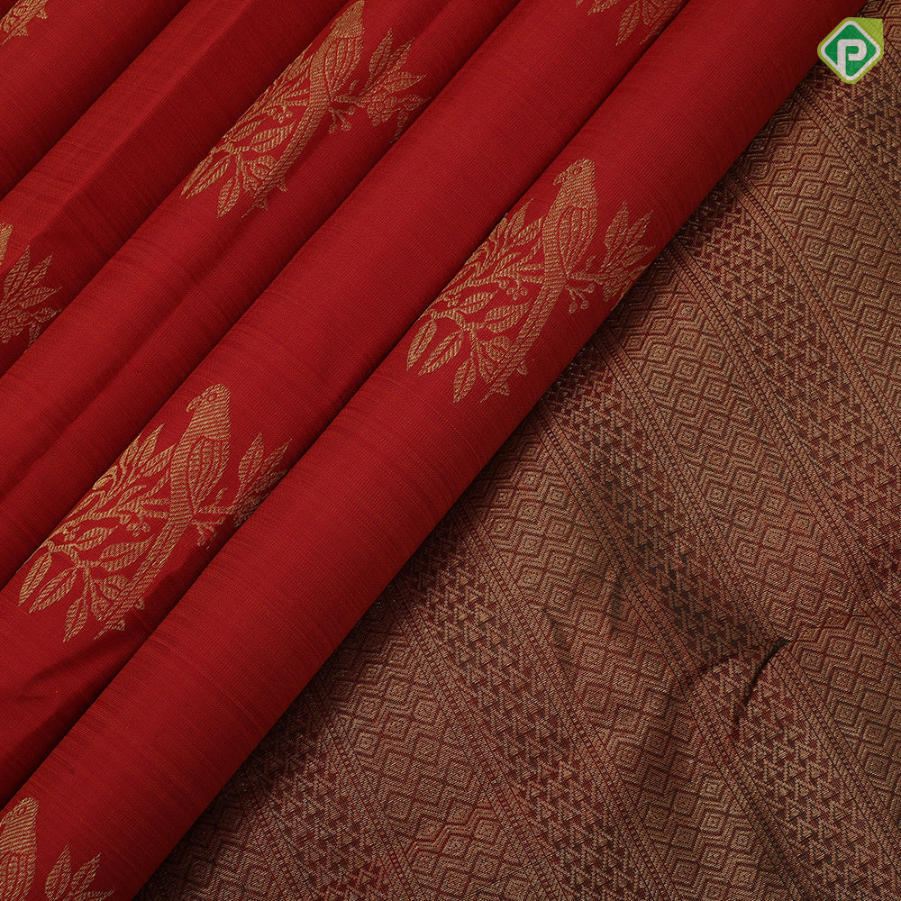 Rust orange gold zari  parrot motif design brown peacock elephant border design traditional silk saree