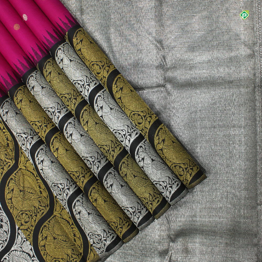 Hot Pink With Black Fancy Cross Peacock Border Motifs Trendy Silks Saree