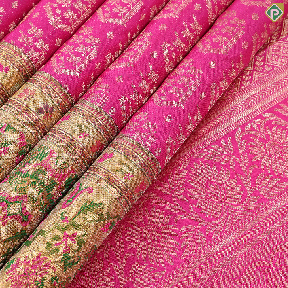 Rose pink with fancy butta gold zari pythonic border exclusive wedding silk saree