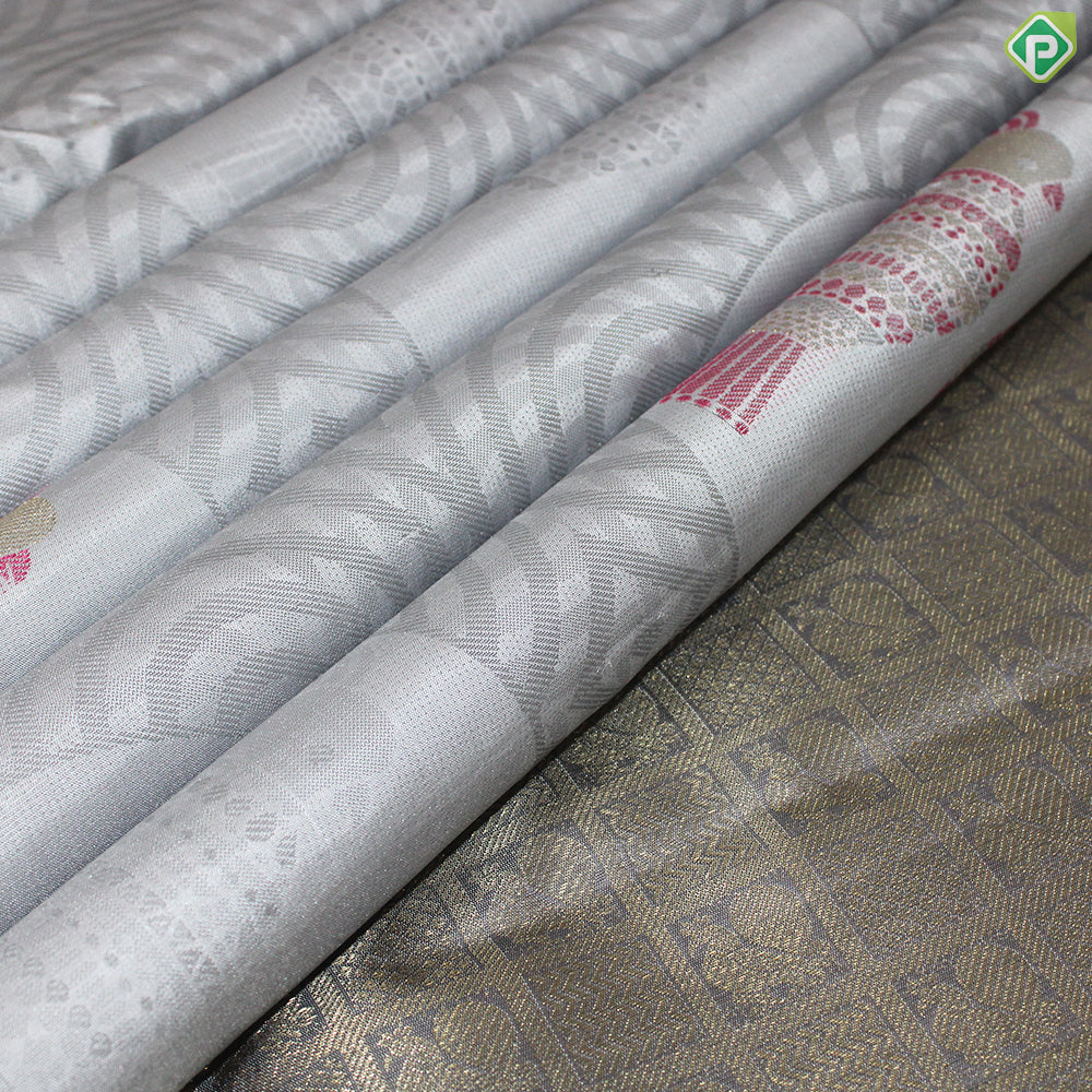 Gray Color Meena Work Parrot Design Border Less Trendy Silk Saree