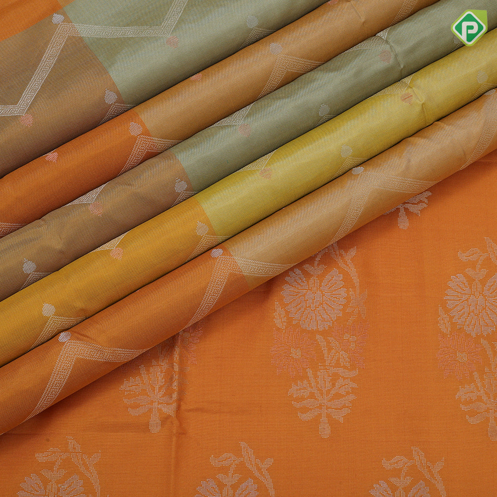 Multi yellow color gold zari zig zag design grand pallu concept borderless soft silk saree