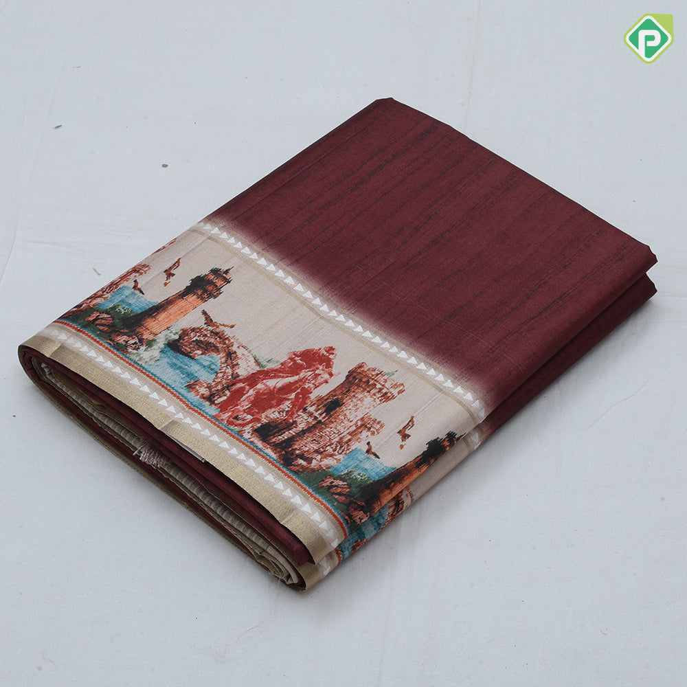 plain body cream base city view print border fancy cotton saree