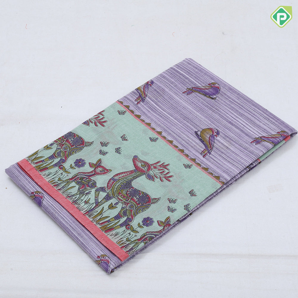 Full body sparrow design wild deer printed border summer cool light weight saree