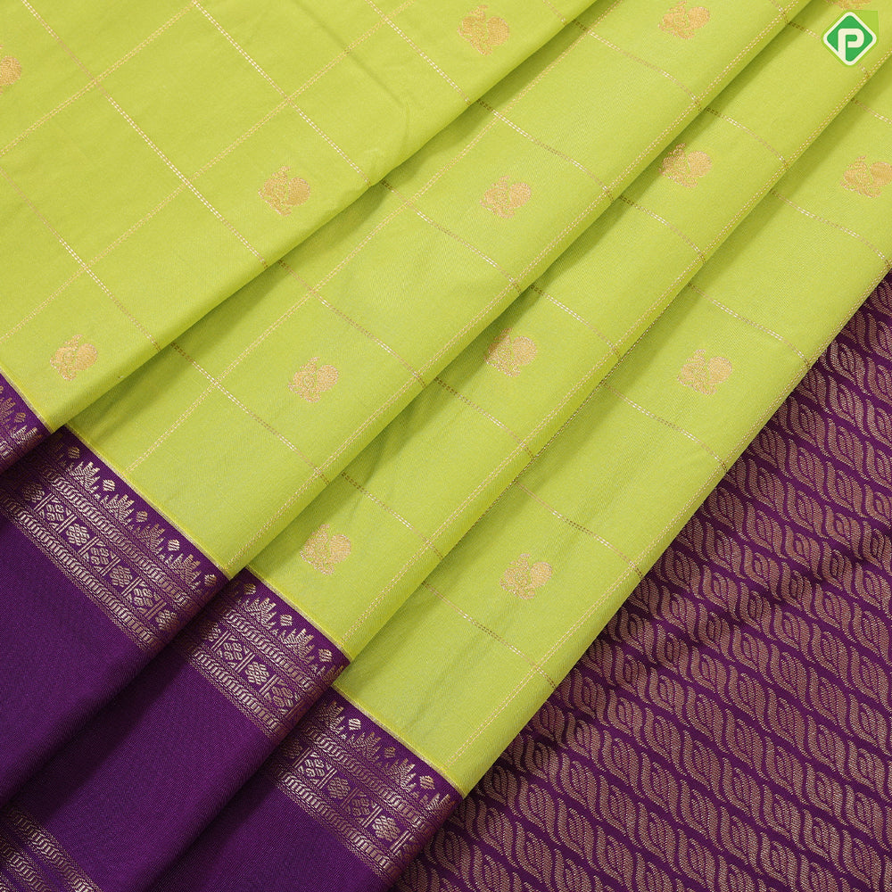 Parrot green gold zari checkered peacock butta design contrast purple rettapet border art silk gift saree