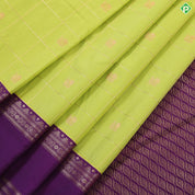 Parrot green gold zari checkered peacock butta design contrast purple rettapet border art silk gift saree