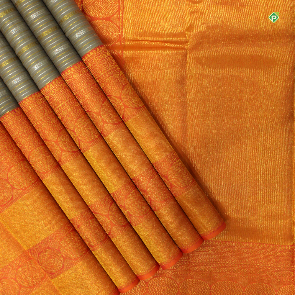 Pewter Grey With Peach Orange All Over Design Grand Wedding Silks Saree