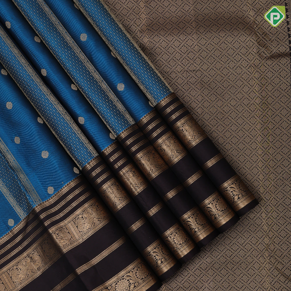 Deep sky blue gold zari design bars and butta contrast brown gold zari multi lines border traditional silk saree