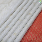 White gold zari checked window panel peacock chakkaram design pinkish orange gold zari border traditional silk saree