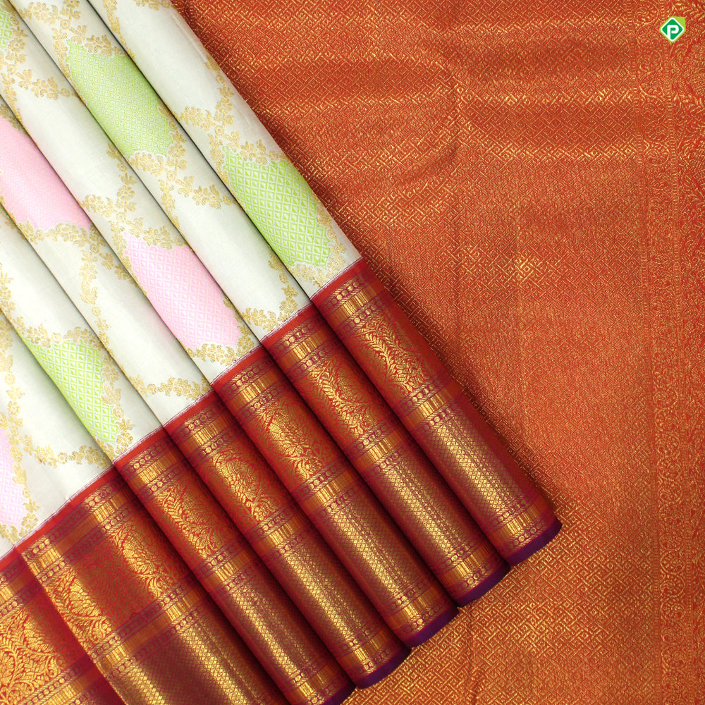 Cream White With Orangish Pink Floral Work Grand Bridal Silks Saree
