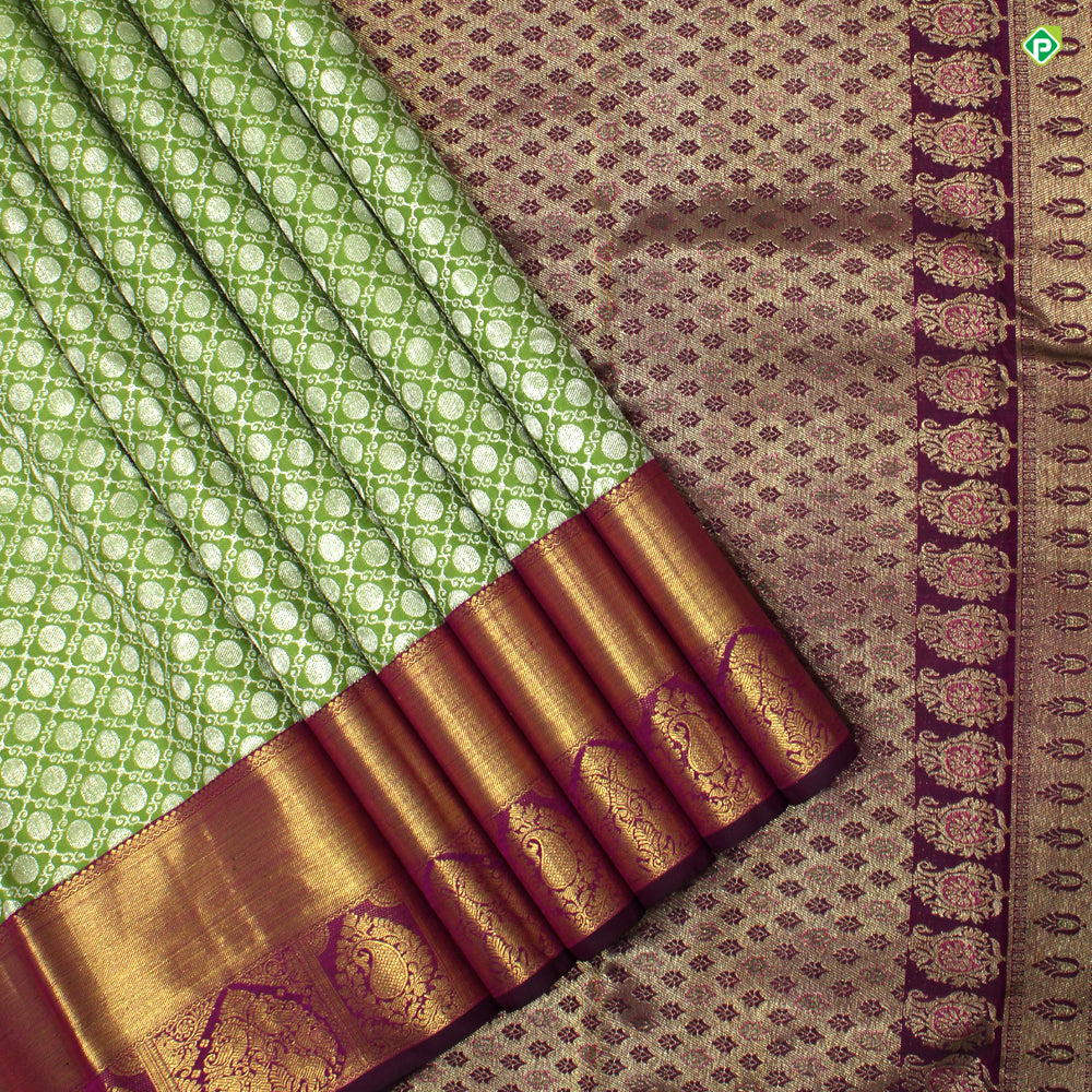 Sage Green With Purple Colour Big Folka Dots With Cross  Lines Grand Bridal Silks Saree