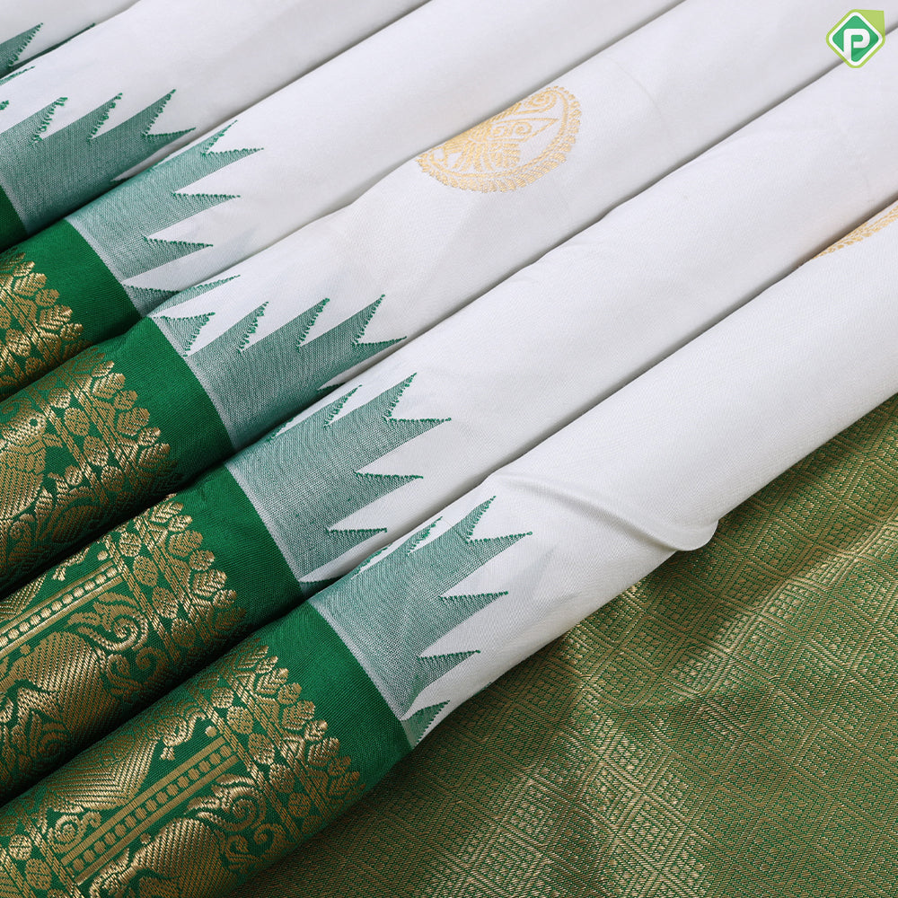 Pure white gold zari peacock butta design contrast green gold zari temple border madisar 10 yards silk saree