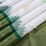 Pure white gold zari peacock butta design contrast green gold zari temple border madisar 10 yards silk saree