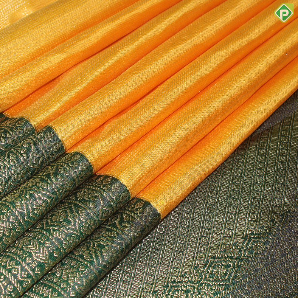 Mustard Yellow Gold Lines With Bottle Green Vanasingaram Design Border Traditional Silk Saree