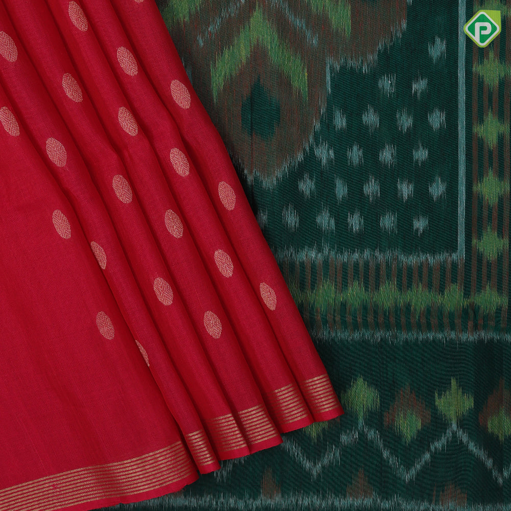 Tomato red gold zari chakkaram butta motifs self gold zari border contrast ikkat design pallu linen soft silk saree