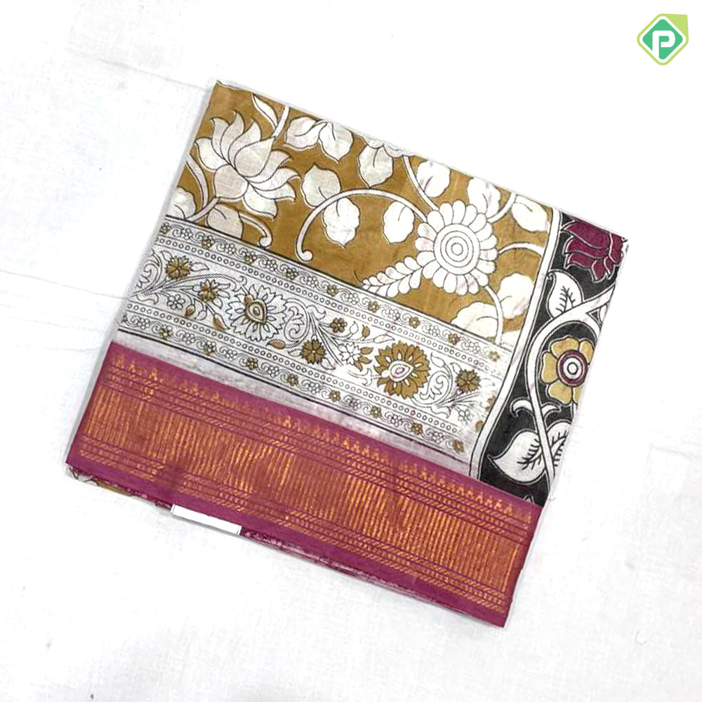 Honey orange multi color kalamkari printed design contrast pink gold zari border fancy cotton saree