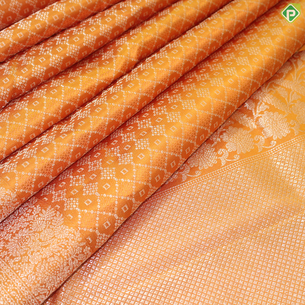 Mustard Yellow Silver Zari With Floral Design Border Traditional Silk Saree