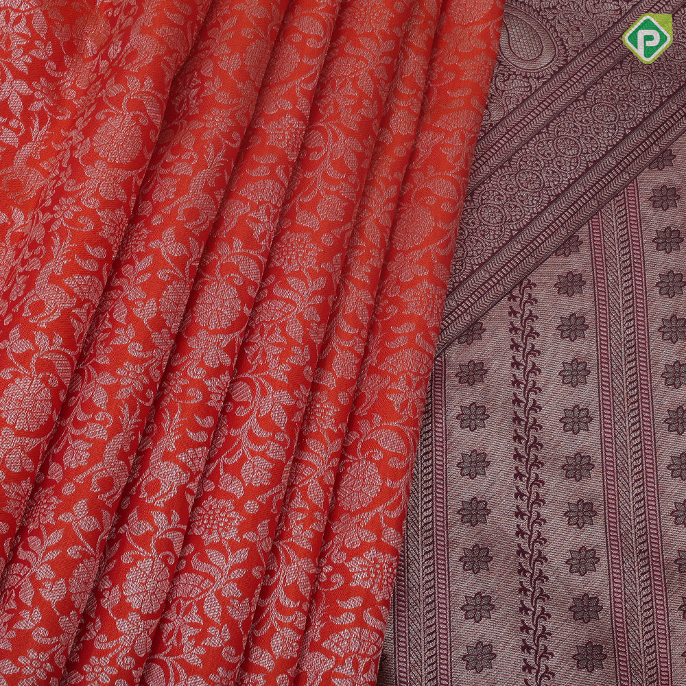 Honey Orange silver copper zari grand floral design chocolate brown rangoli design border grand silk saree