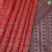 Honey Orange silver copper zari grand floral design chocolate brown rangoli design border grand silk saree