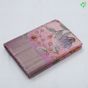 peach flower print and embroidered design gold zari plain border fancy cotton saree