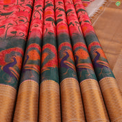 Rose Pink With Olive Green Lotus With Creeper Kalamkaari Style Mayilkan Border Digital Printed Silk Saree