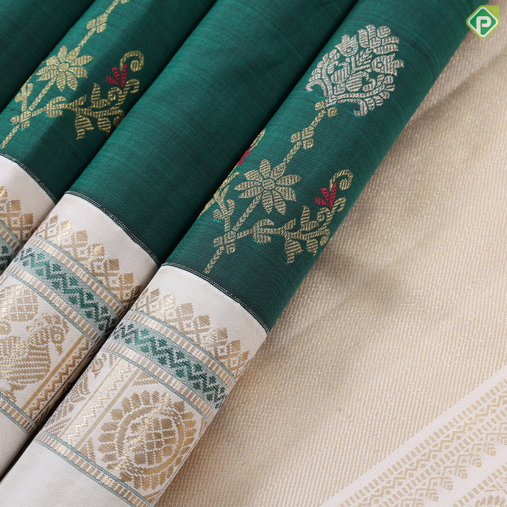 Bottle Green Gold Zari Big Flower Butta Design Contrast Cream White Rettapet Border Traditional Silk saree