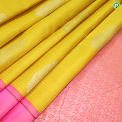 Mustard Yellow Gold Zari Mango Motif With  Pink Thread Work Border Traditional Silk Saree