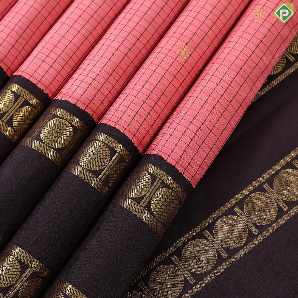 peach orange with brown checks gold zari rudraksham butta contrast rettapet border retro traditional silk saree