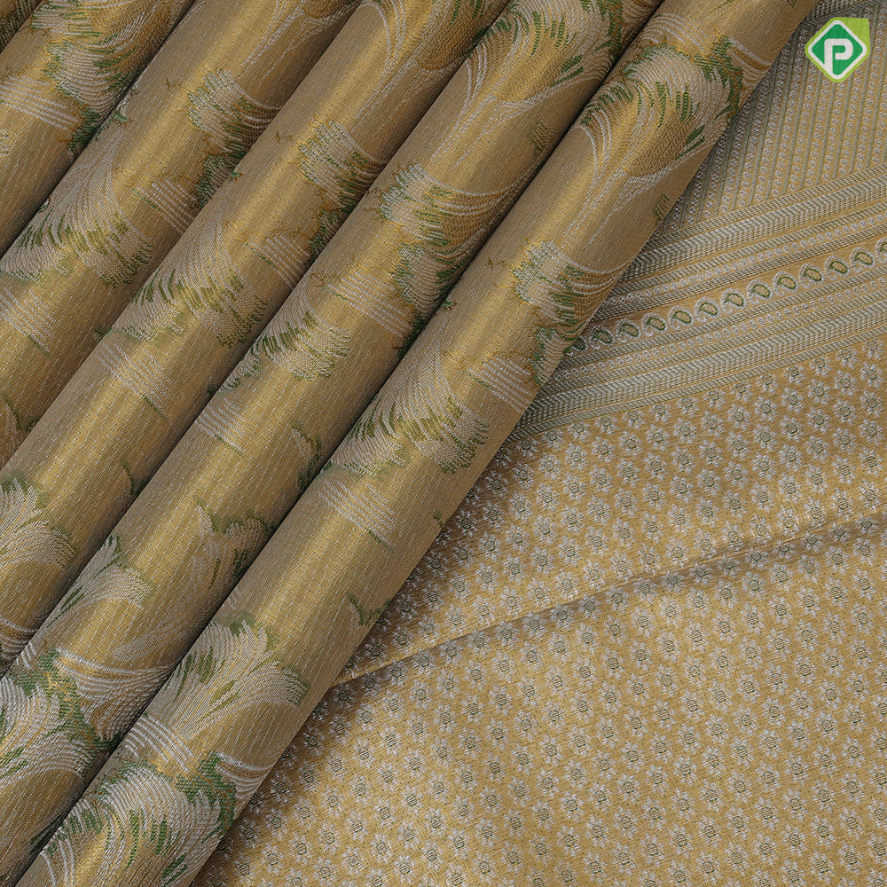 Golden green base silver zari by zari surf design meena work meera dancing floral border special design silk saree