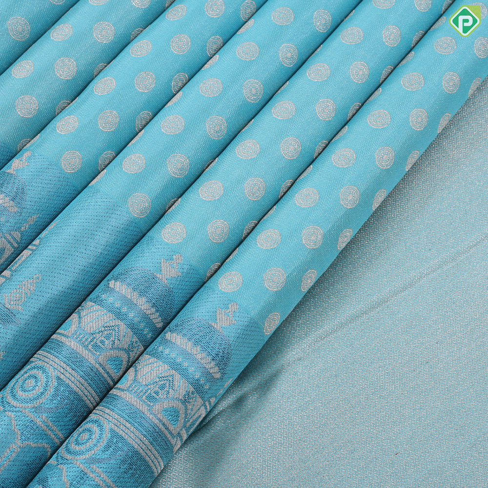 Sky Blue silver gold zari double layer round butta design Couples in Chariot posture Border Trendy silk saree