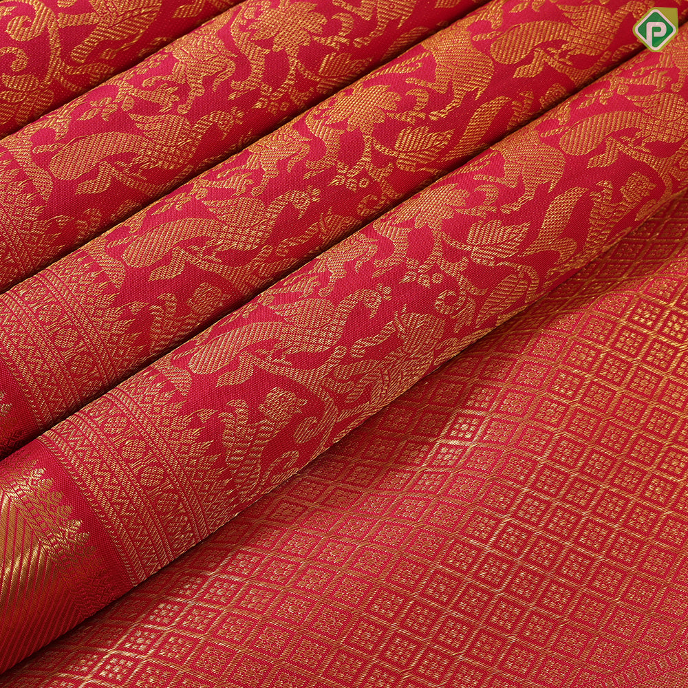 tomato red with gold zari vanasingaram design self gold zari border grand bridal silk saree