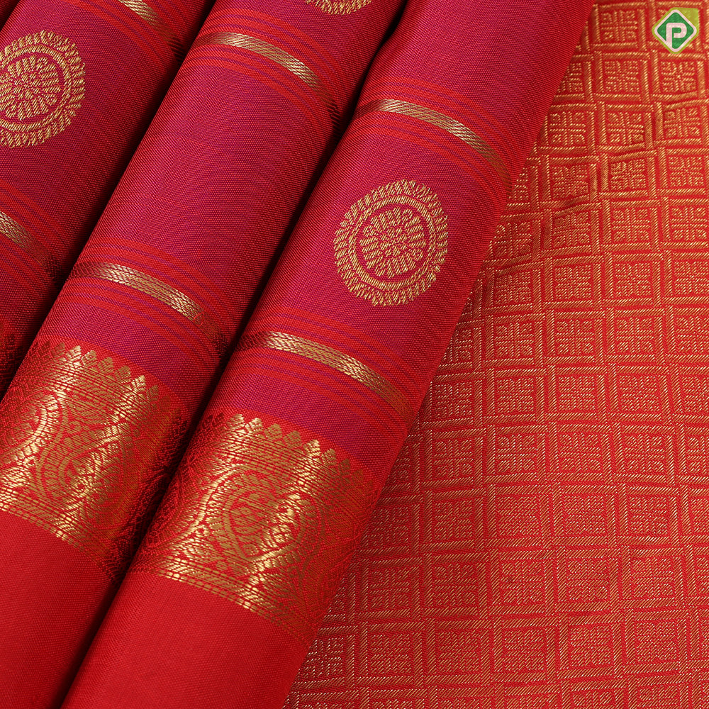 Reddish pink with gold zari lines and butta design brick red gold zari rettapet gap border traditional silk saree