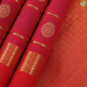 Reddish pink with gold zari lines and butta design brick red gold zari rettapet gap border traditional silk saree