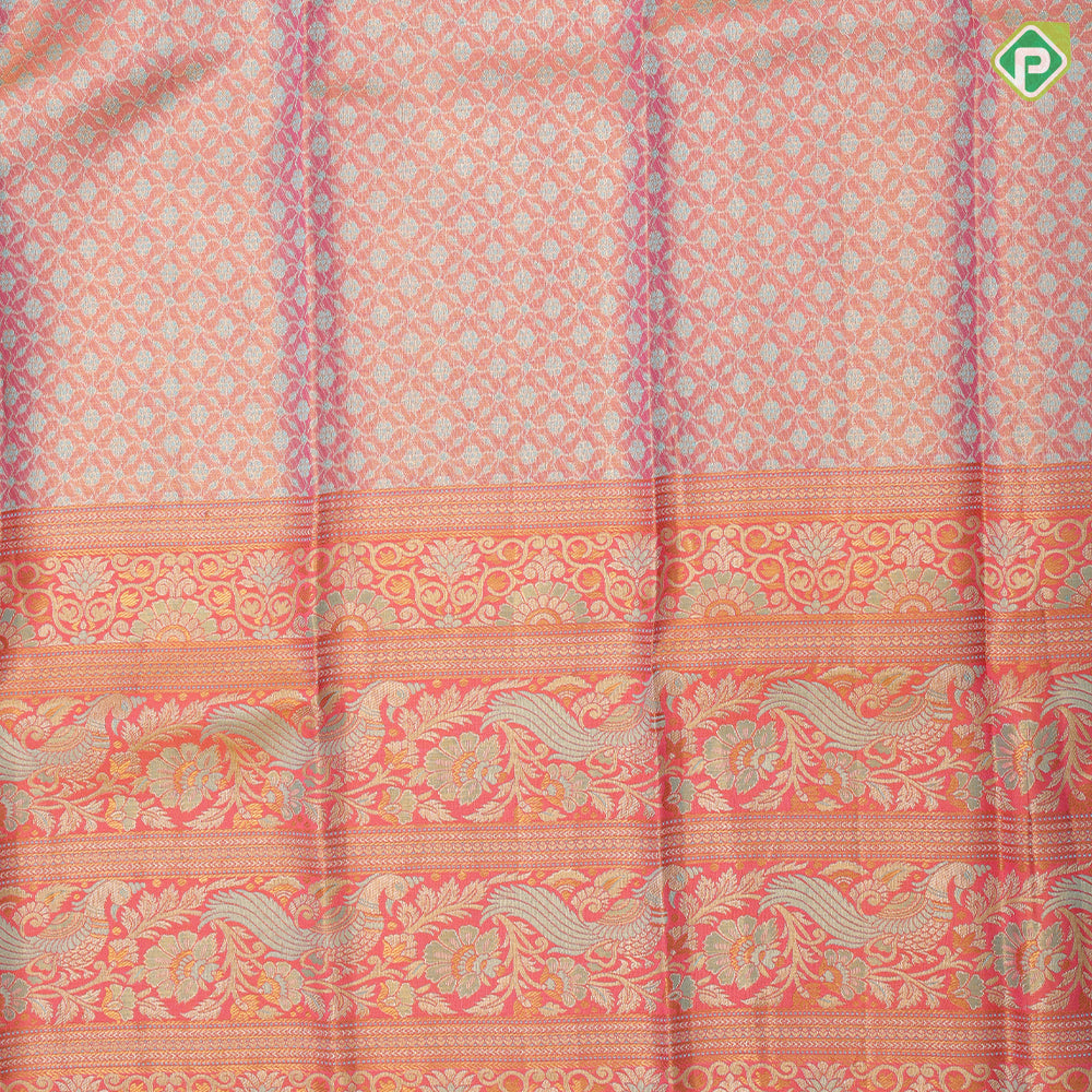 Goldish onion zari by zari meena work design rani pink gold zari peacock floral butta lines border pattu paavadai lehanka
