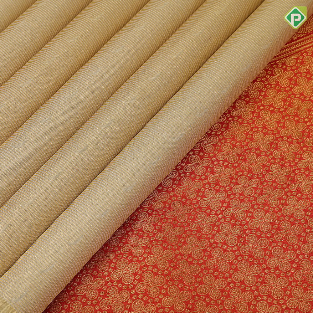creamy gold gold zari fancy tissue temple design orangish red gold zari multi lines border traditional vintage silk saree