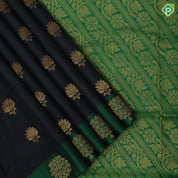 Black with gold zari lotus butta design contrast green gold zari fancy tree border soft silk saree