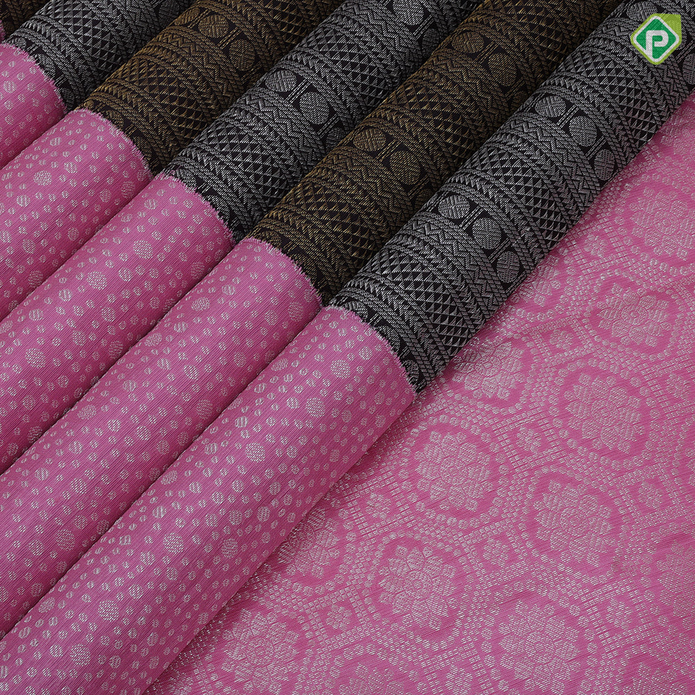 Dark brown silver gold zari temple tower baby pink silver zari mole design half and half concept exclusive silk saree