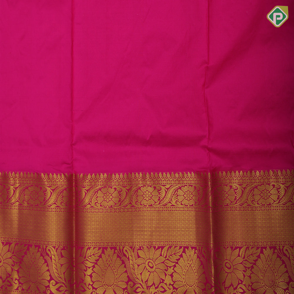green gold zaricubes and fancy butta lines onion pink gold zari thilagam flower butta border pattu paavadai lehanka