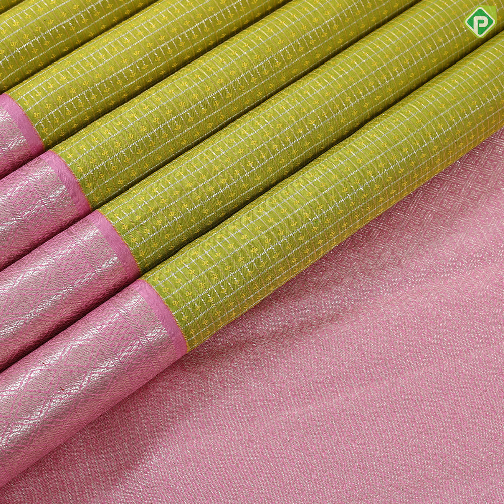 Apple Green silver and gold zari kattam mid diamond butta pale pink border retro traditional silk saree